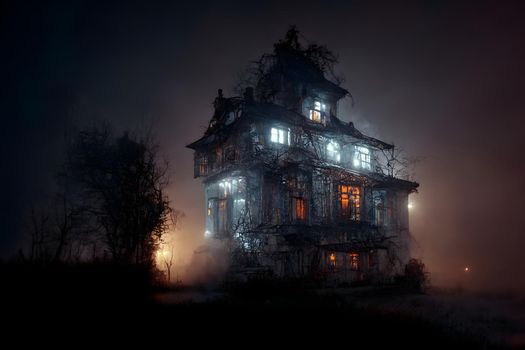 dark haunted house with illuminated windows at spooky misty dark halloween night, neural network generated art. Digitally generated image. Not based on any actual scene or pattern.