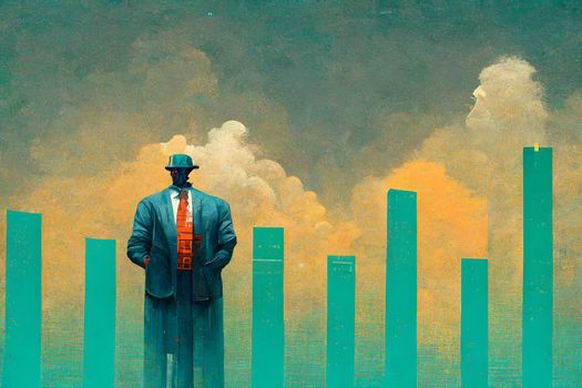 grotesque cartoon business man figure standing in front of bizarre styled charts and skyscraper buildings, neural network digitally generated art. Not based on any actual scene or pattern.