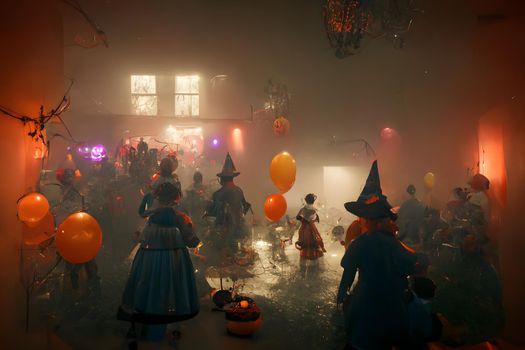 halloween decorated home costumed party in interior with smoke or fog, neural network generated art. Digitally generated image. Not based on any actual scene or pattern.