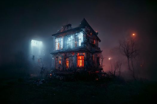 dark haunted house with illuminated windows at spooky misty dark halloween night, neural network generated art. Digitally generated image. Not based on any actual scene or pattern.