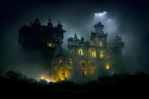 large haunted castle with many illuminated windows at spooky misty dark halloween night, neural network generated art. Digitally generated image. Not based on any actual scene or pattern.