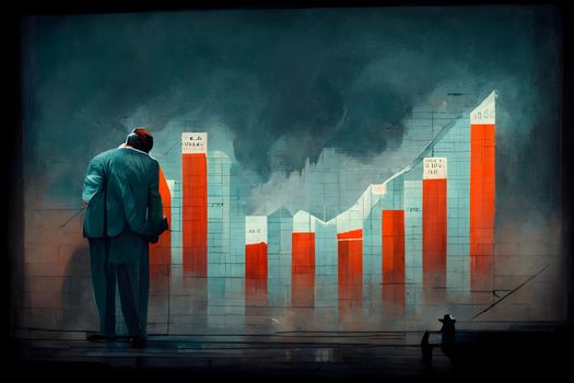 grotesque cartoon business man figure standing in front of bizarre styled charts, neural network generated art. Digitally generated image. Not based on any actual scene or pattern.