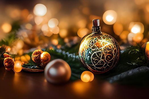 close-up christmas decorations background with selective focus and background blur, neural network generated art. Digitally generated image. Not based on any actual scene or pattern.