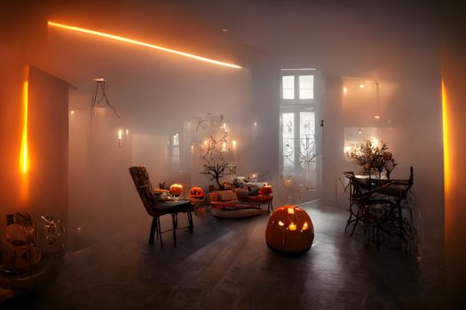 halloween decorated home interior with costumed figures and smoke or fog, neural network generated art. Digitally generated image. Not based on any actual scene or pattern.
