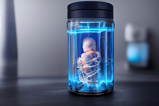human baby embyo inside blue incubator breeding tank, ectogenesis concept, neural network generated art. Digitally generated image. Not based on any actual scene or pattern.