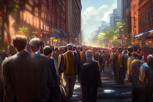 crowd of office suit wearing people walking to work at downtown street, neural network generated art. Digitally generated image. Not based on any actual scene or pattern.