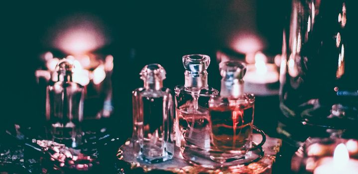 Perfumery, cosmetic branding and spa concept - Perfume bottles and vintage fragrance at night, aroma scent, fragrant cosmetics and eau de toilette as luxury beauty brand, holiday fashion parfum design