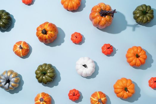Pumpkin pattern, decorative pumpkins on a blue background top view. Autumn, fall, halloween concept. Trend shadow.