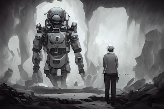 human looking at robot, natural and artificial intelligence relationships concept, neural network generated art. Digitally generated image. Not based on any actual scene or pattern.