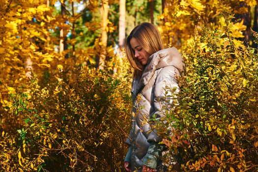 Autumn the most colorful time of the year from all seasons, when nature changes its usual appearance to golden colors in autumn sun. Charming young woman in a pink jacket and colorful golden autumn