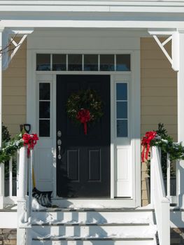 House decorated for winter holidays.