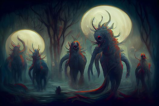 creepy fantastic nightmare alien creatures, neural network generated art. Digitally generated image. Not based on any actual scene or pattern.