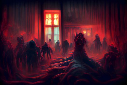 creepy fantastic alien creatures in nightmare room with red fumes, neural network generated art. Digitally generated image. Not based on any actual scene or pattern.