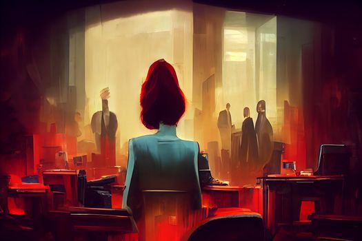 female boss silhouette, figure of woman in business suit at office, neural network generated art. Digitally generated image. Not based on any actual preson.