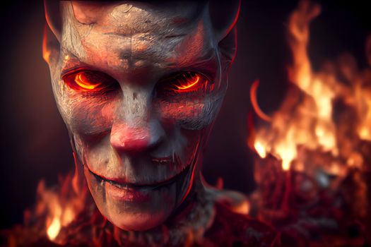 hellish demon portrait with flames in background, neural network generated art. Digitally generated image. Not based on any actual scene or pattern.
