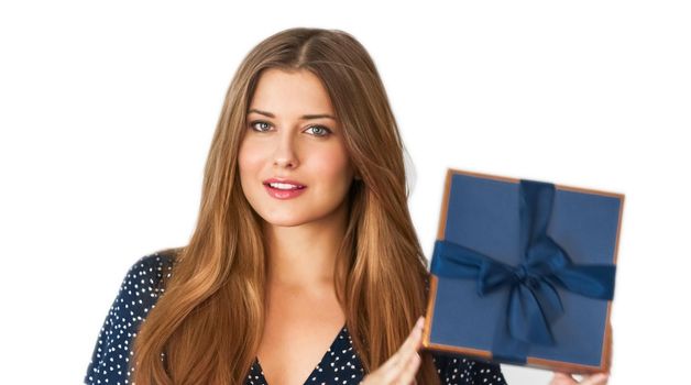 Birthday, Christmas or holiday present, happy woman holding a blue gift or luxury beauty box subscription delivery isolated on white background, portrait