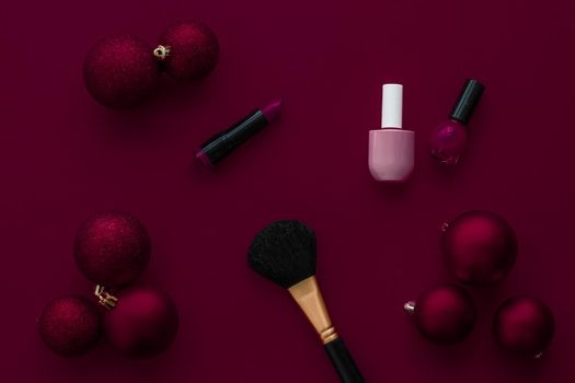 Cosmetic branding, fashion blog cover and girly glamour concept - Make-up and cosmetics product set for beauty brand Christmas sale promotion, luxury burgundy flatlay background as holiday design