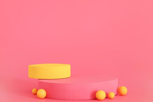 Pink and yellow podium on the pink background. Podium for product, cosmetic presentation. Creative mock up. Pedestal or platform for beauty products