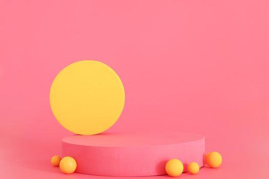 Pink and yellow podium on the pink background. Podium for product, cosmetic presentation. Creative mock up. Pedestal or platform for beauty products