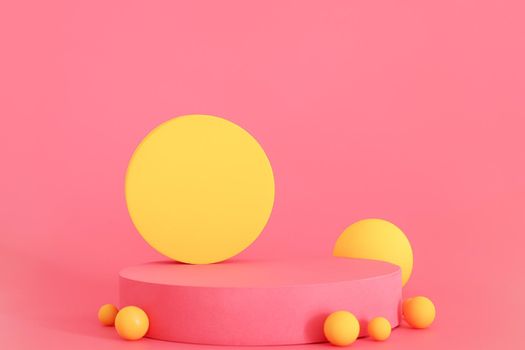 Pink and yellow podium on the pink background. Podium for product, cosmetic presentation. Creative mock up. Pedestal or platform for beauty products