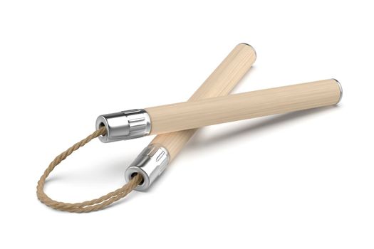 Wooden nunchaku with cord on white background
