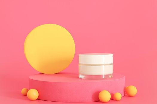 Cosmetic cream packaging standing on pink podium. With yellow design elements. Free space for text or logo, copy space. Cream presentation on the pink background. Mockup