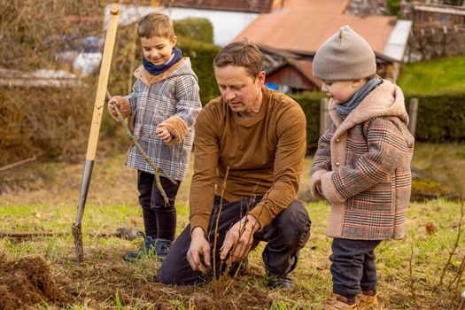 Man with kids plants tree in the garden. Nature, environment and ecology concept. Father with his children outdoor, family time
