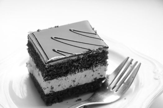 Black and white photo. Delicious cake on a plate. Sweets for tea or coffee