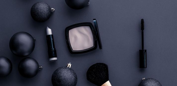 Cosmetic branding, fashion blog cover and girly glamour concept - Make-up and cosmetics product set for beauty brand Christmas sale promotion, luxury black flatlay background as holiday design