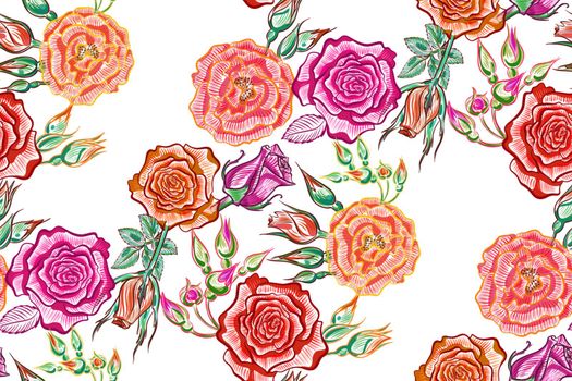 Seamless pattern. Roses on a white background. Floral floral design. Pink watercolor ornament. Cute summer wallpaper.
