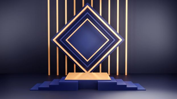 Abstract geometry shape podium, blue and gold pastel product stand presentation with minimal style. 3d rendering illustration