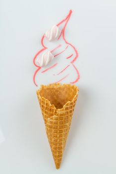 Real waffle cone with marshmallows and hand drawn cream.