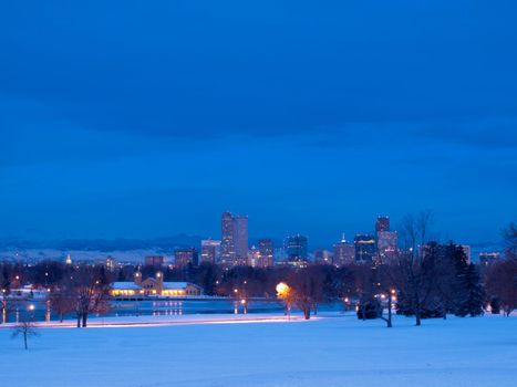 A view of downtown Denver before sunrise.