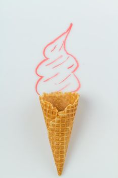 Ice cream with real waffle cone and hand drawn cream. Vertical shot white background.