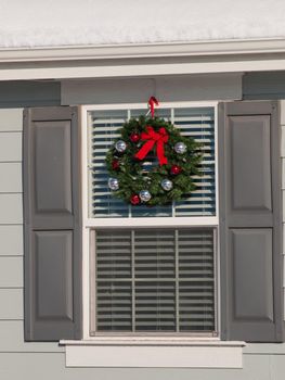 House decorated for winter holidays.
