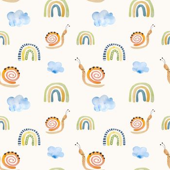 Rainbow, snail and cloud spring watercolor drawings seamless pattern. Nature aquarelle paintings set with mollusk