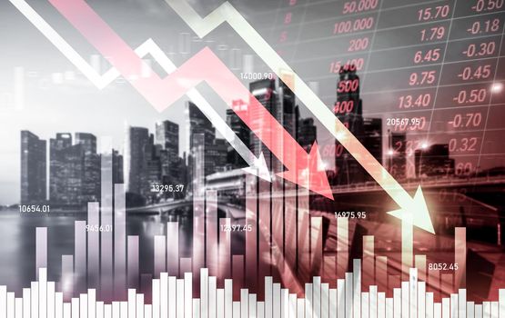 Economic crisis concept shown by digital indicators and graphs falling down with modernistic urban, city area. Double exposure. Stock market crash concept.