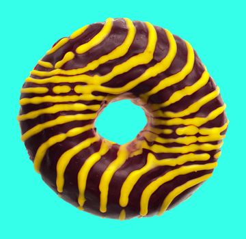 lush donut covered with cream, on a blue background in isolation