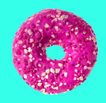 lush donut covered with cream, on a blue background in isolation