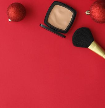 Cosmetic branding, fashion blog cover and girly glamour concept - Make-up and cosmetics product set for beauty brand Christmas sale promotion, luxury red flatlay background as holiday design