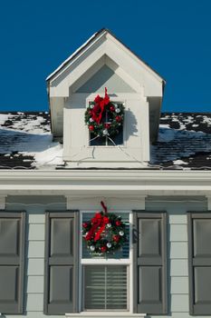 House decorated for winter holidays.