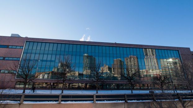 Reflection of downtown Denver in contemporary building.