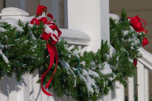 House decorated for winter holidays.