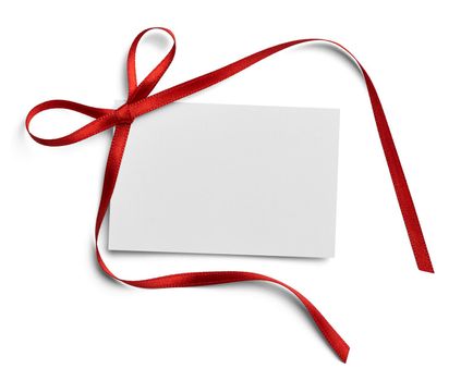 close up of a note card with ribbon bow on white background