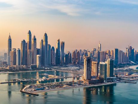 Dubai, UAE - 09.24.2021 Dubai city skyline on early morning hour. Dubai Marina
