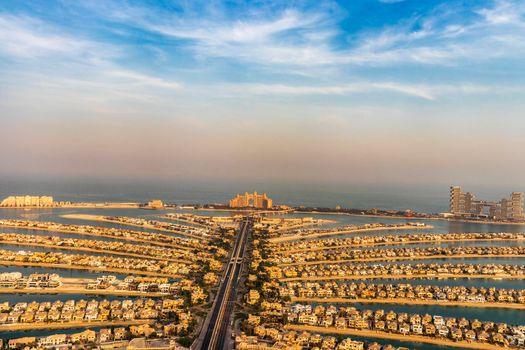 Dubai, UAE - 09.24.2021 Man made island, Palm Jumeirah, Atlantis and Royal Atlantis hotels.