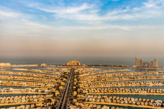Dubai, UAE - 09.24.2021 Man made island, Palm Jumeirah, Atlantis and Royal Atlantis hotels.