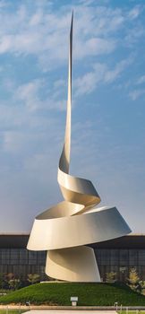 Sharjah, UAE - 09.07.2021 - Monument known as The Scroll that placed close to House of Wisdom library