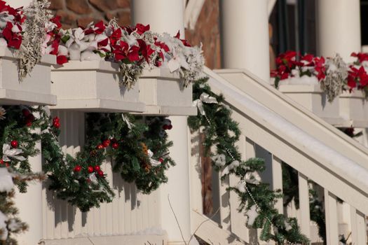 House decorated for winter holidays.