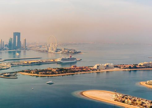 Dubai, UAE - 09.24.2021 Dubai city skyline on early morning hour. Dubai Marina and partial view of Palm Jumeirah.